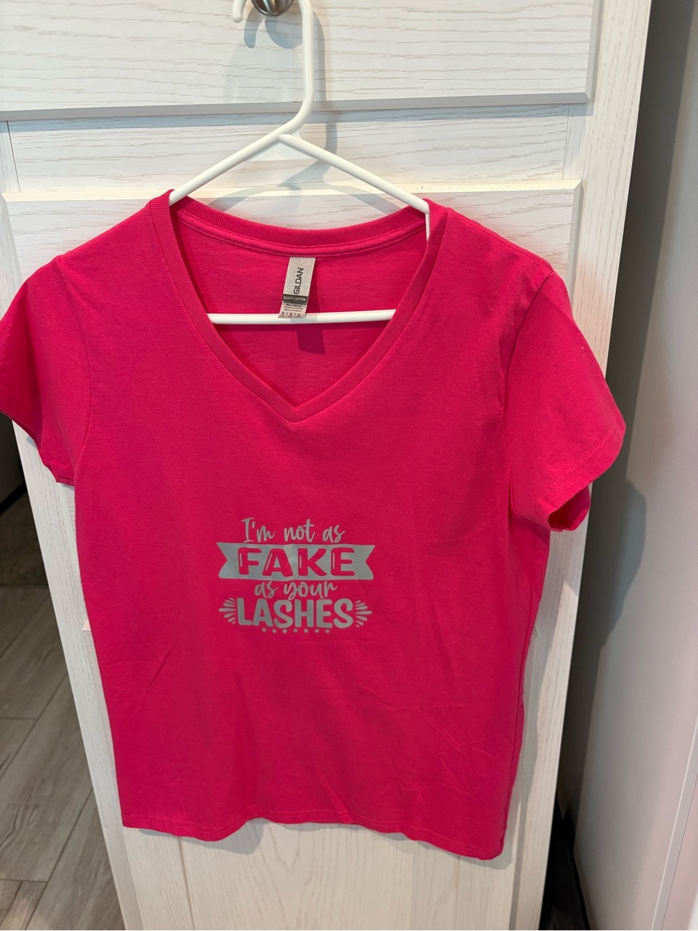 Gildan Bright Pink V-Neck Tee with Silver Tag